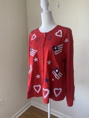 NWT Vintage America Flag Cardigan Medium Red White & Blue Appliqué Embroidered